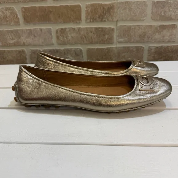 Coach Vernon Ballet Flats Gold Metallic Leather Size 9 Signature Logo Plate - Picture 4 of 9